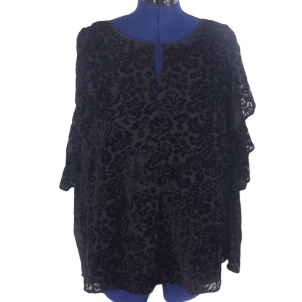 Nanette by Nanette Lepore Woman 3X black velvet burnout ruffled boho keyhole top